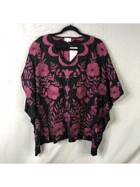 Layerz Clothing Tunic Blouse Womens M Black Embroidered Floral Kimono Boho